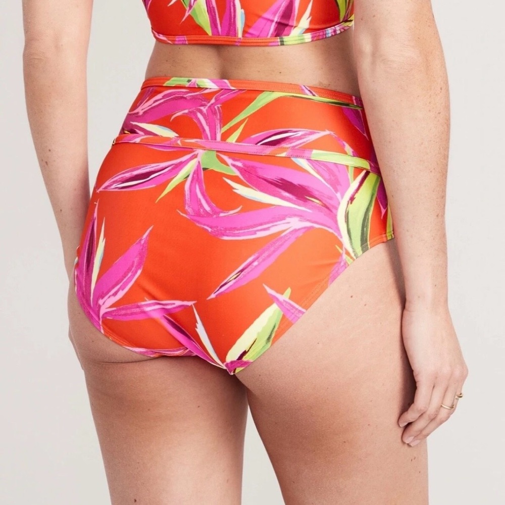 Old Navy Banded High Waist Tropical Orange Red Swim Bottoms. NWT. Women’s Med - Picture 2 of 13
